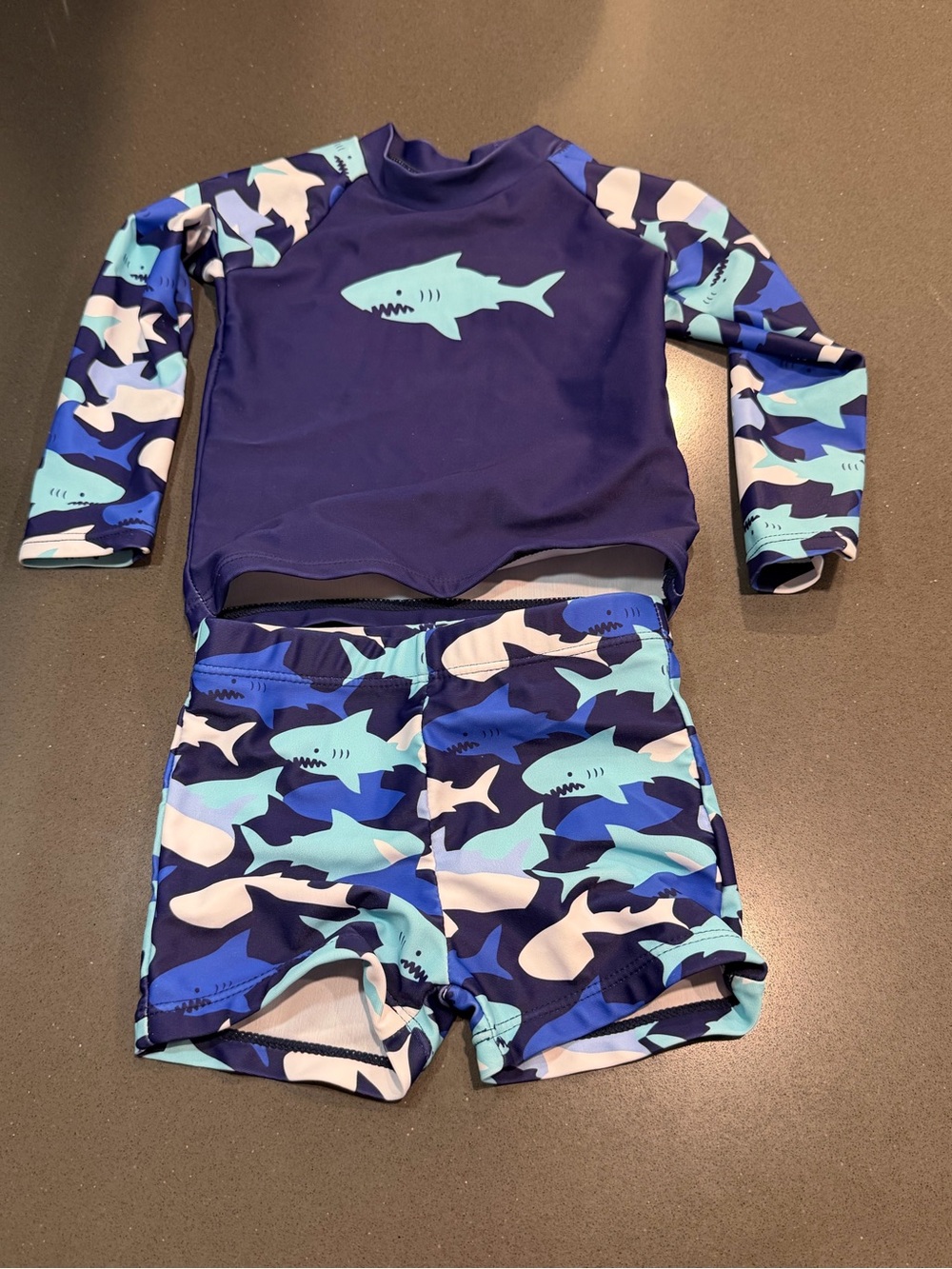 Kids Shark Print Rash Guard Set - Navy & Aqua